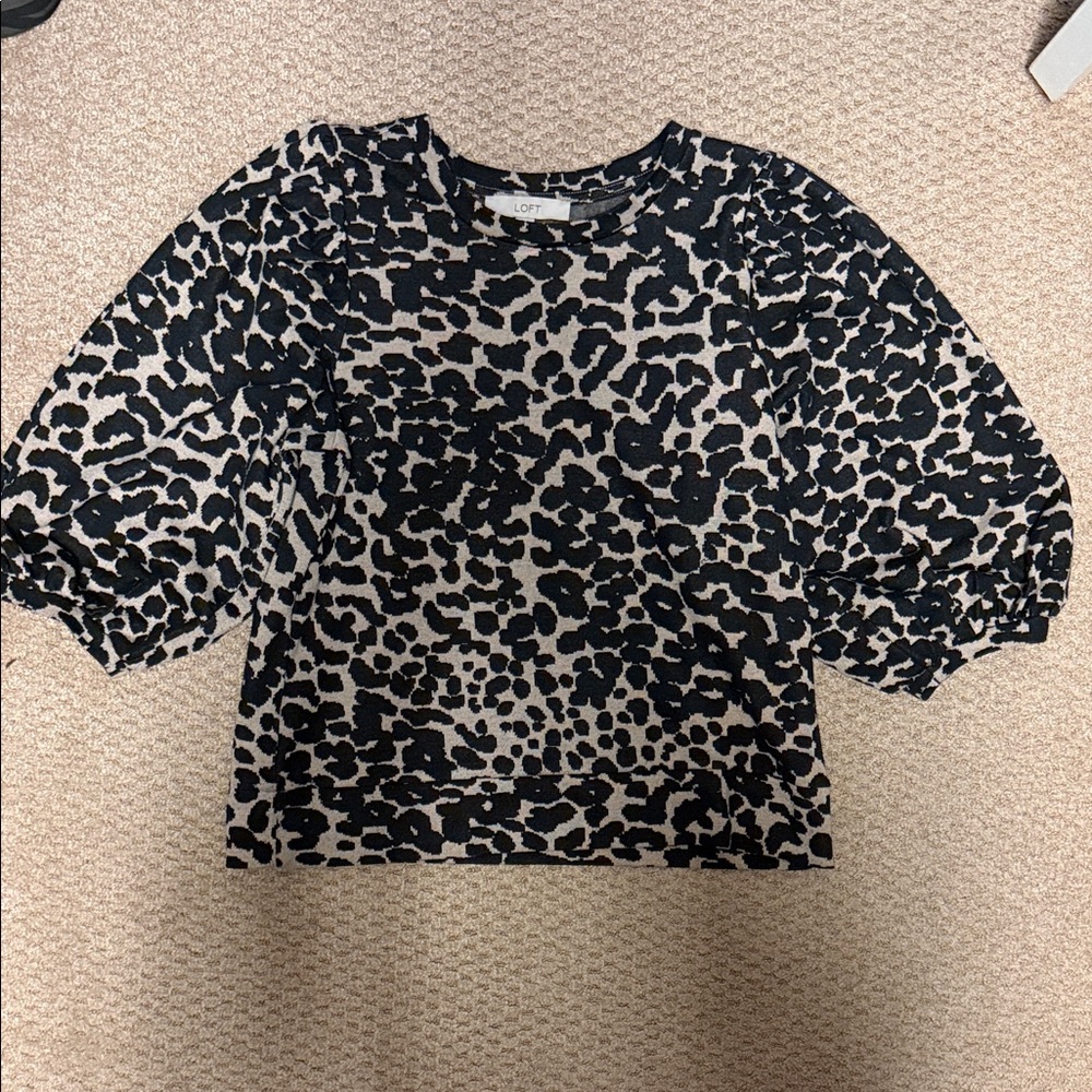 LOFT Black and Tan Animal Print Puff Sleeve Top